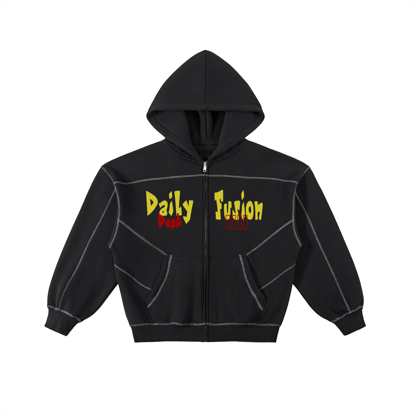 Daily fusion Contrast-Stitched Boxy Fleece Zip Hoodie